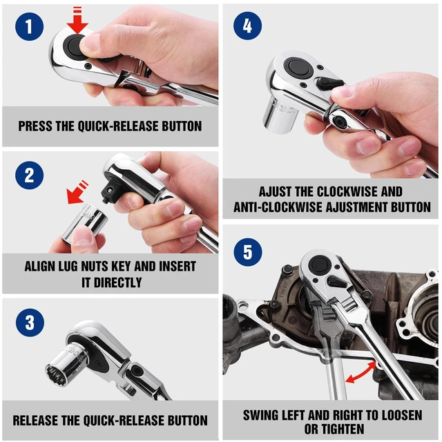 Alt view image 5 of 6 - 1/2 inch Drive Extra Long Flex Head Ratchet, 24 Inch Long CR-V Steel Ratchet Handle with Chromium Plating, CR-MO Head, Quick Release Reversible Design, 72-Tooth