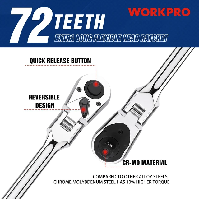 Alt view image 2 of 6 - 1/2 inch Drive Extra Long Flex Head Ratchet, 24 Inch Long CR-V Steel Ratchet Handle with Chromium Plating, CR-MO Head, Quick Release Reversible Design, 72-Tooth