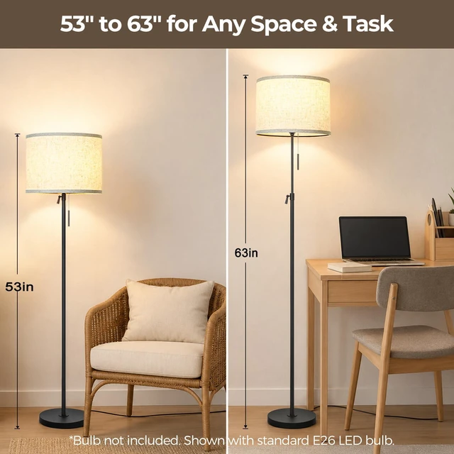 Alt view image 2 of 7 - 53"-63" Adjustable Floor Lamp, Anti-tip Base, Pull Chain Black Standing Lamp for Living Room, Tall Pole Lamp for Bedroom Office Reading Corner Home Decor Gift, Bulb Not Included