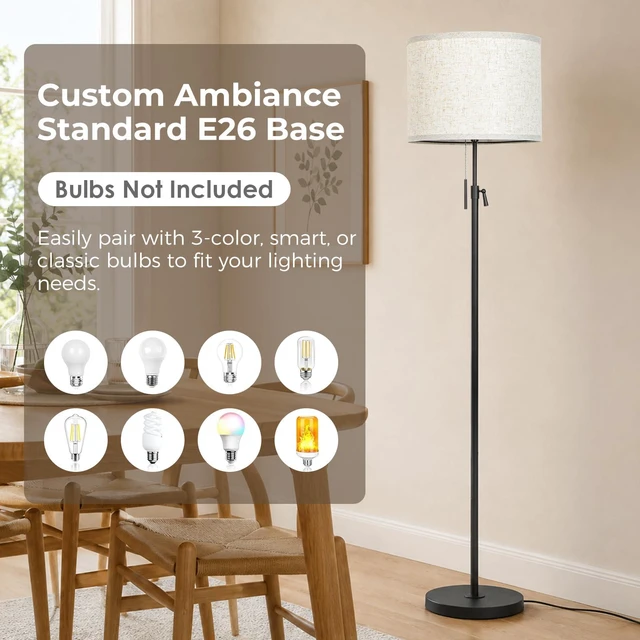 Alt view image 3 of 7 - 53"-63" Adjustable Floor Lamp, Anti-tip Base, Pull Chain Black Standing Lamp for Living Room, Tall Pole Lamp for Bedroom Office Reading Corner Home Decor Gift, Bulb Not Included