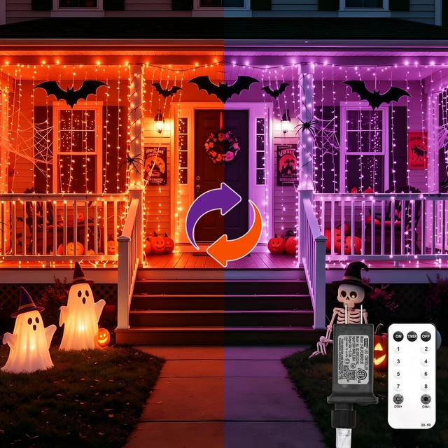 Main image of Curtain Lights Outdoor,Curtain Lights for Halloween,Purple and Orange