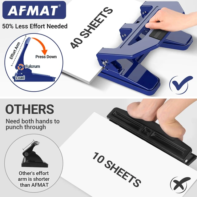 Alt view image 2 of 7 - 3 Hole Punch Heavy Duty, 40-Sheet Three Hole Puncher for Binder, 50% Reduced Effort Paper Punch, 10K+ Uses, Office Metal Hole Puncher 3 Ring w/Large Tray, Bulit-in S.S. Paper Guide, HPX2(Blue)