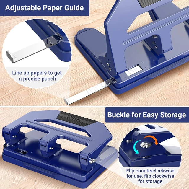 Alt view image 5 of 7 - 3 Hole Punch Heavy Duty, 40-Sheet Three Hole Puncher for Binder, 50% Reduced Effort Paper Punch, 10K+ Uses, Office Metal Hole Puncher 3 Ring w/Large Tray, Bulit-in S.S. Paper Guide, HPX2(Blue)