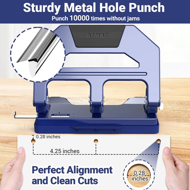 Alt view image 4 of 7 - 3 Hole Punch Heavy Duty, 40-Sheet Three Hole Puncher for Binder, 50% Reduced Effort Paper Punch, 10K+ Uses, Office Metal Hole Puncher 3 Ring w/Large Tray, Bulit-in S.S. Paper Guide, HPX2(Blue)