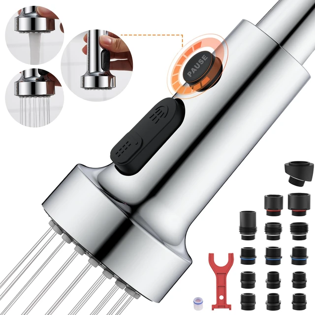 Main image of Kitchen Faucet Spray Head Replacement with 15 Adapters, Plastic Spray Nozzle for Kitchen Faucet 3 Modes, Compatible with American Standard Faucets, Pause Mode (Chrome)