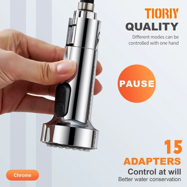 Alt view image 4 of 7 - Kitchen Faucet Spray Head Replacement with 15 Adapters, Plastic Spray Nozzle for Kitchen Faucet 3 Modes, Compatible with American Standard Faucets, Pause Mode (Chrome)