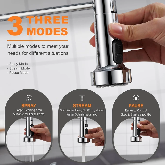 Alt view image 2 of 7 - Kitchen Faucet Spray Head Replacement with 15 Adapters, Plastic Spray Nozzle for Kitchen Faucet 3 Modes, Compatible with American Standard Faucets, Pause Mode (Chrome)