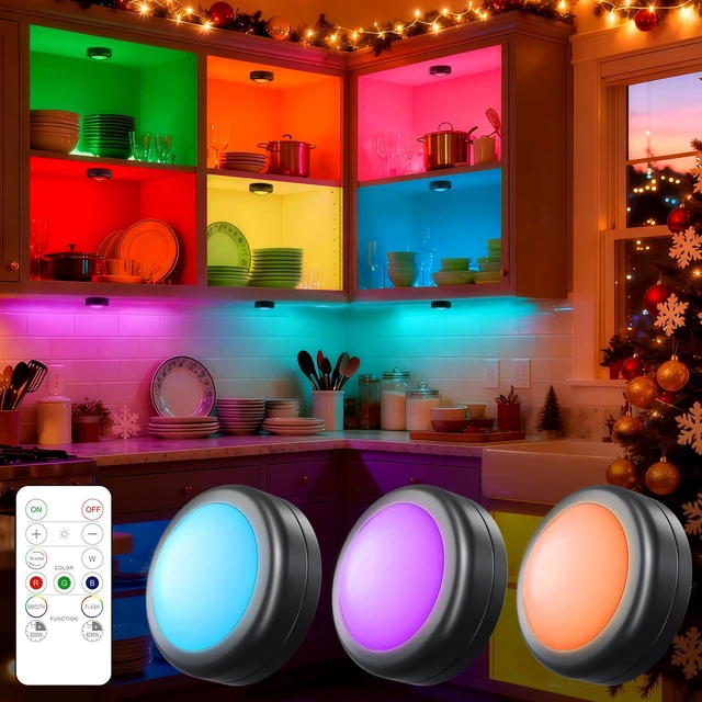 Main image of 3 Pack LED Puck Lights Remote Control 16 Color Changeable Under Cabinet Lights, Battery Operated Lights Night Light with Dimmer & Timmer for Closet Bedroom Kitchen, Black