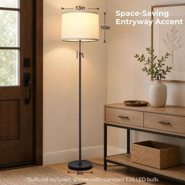 Alt view image 6 of 7 - 53"-63" Adjustable Floor Lamp, Anti-tip Base, Pull Chain Black Standing Lamp for Living Room, Tall Pole Lamp for Bedroom Office Reading Corner Home Decor Gift, Bulb Not Included