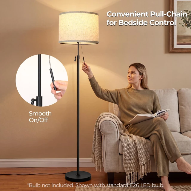 Alt view image 4 of 7 - 53"-63" Adjustable Floor Lamp, Anti-tip Base, Pull Chain Black Standing Lamp for Living Room, Tall Pole Lamp for Bedroom Office Reading Corner Home Decor Gift, Bulb Not Included