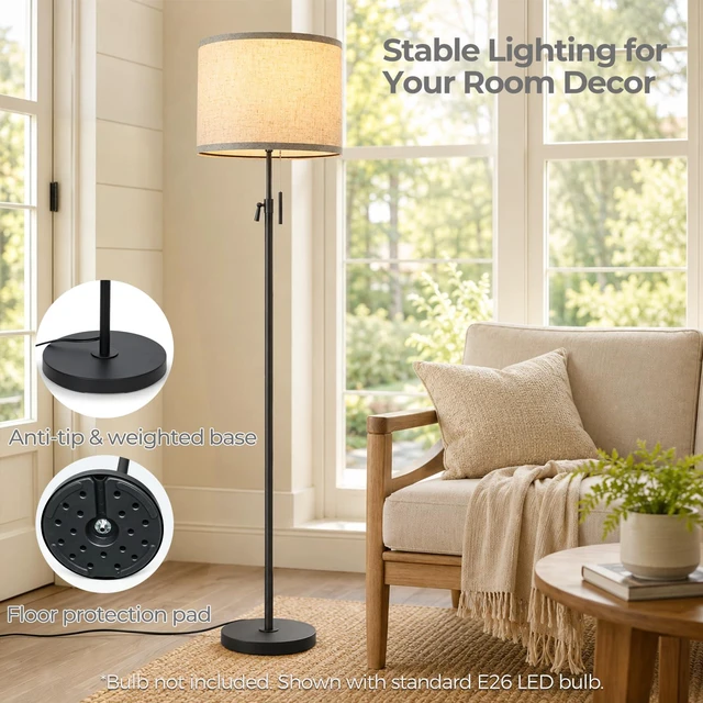 Alt view image 5 of 7 - 53"-63" Adjustable Floor Lamp, Anti-tip Base, Pull Chain Black Standing Lamp for Living Room, Tall Pole Lamp for Bedroom Office Reading Corner Home Decor Gift, Bulb Not Included