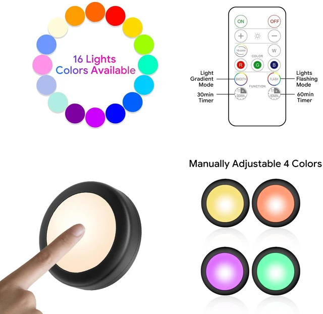 Alt view image 5 of 7 - 3 Pack LED Puck Lights Remote Control 16 Color Changeable Under Cabinet Lights, Battery Operated Lights Night Light with Dimmer & Timmer for Closet Bedroom Kitchen, Black