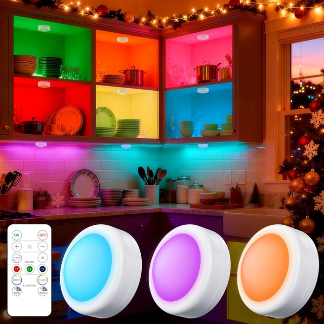 Main image of 3 Pack LED Puck Lights Remote Control 16 Color Changeable Under Cabinet Lights, Battery Operated Lights Night Light with Dimmer & Timmer for Closet Bedroom Kitchen, White