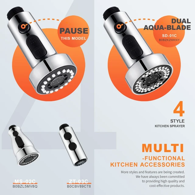 Alt view image 6 of 7 - Kitchen Faucet Spray Head Replacement with 15 Adapters, Plastic Spray Nozzle for Kitchen Faucet 3 Modes, Compatible with American Standard Faucets, Pause Mode (Chrome)
