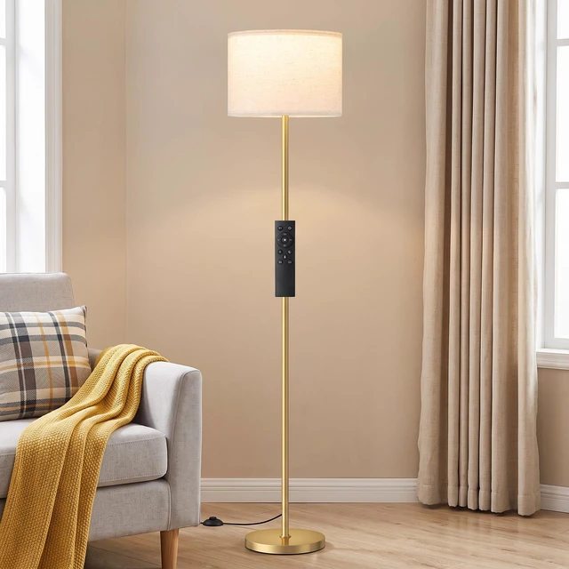 Main image of Dimmable Floor Lamp for Living Room with Remote, 9W 900LM LED Bulb Included, Beige Shade Gold Pole