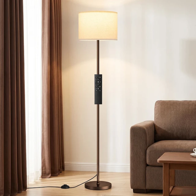 Main image of Dimmable Floor Lamp for Living Room with Remote, 9W 900LM LED Bulb Included, Deep Beige Shade Brown Pole