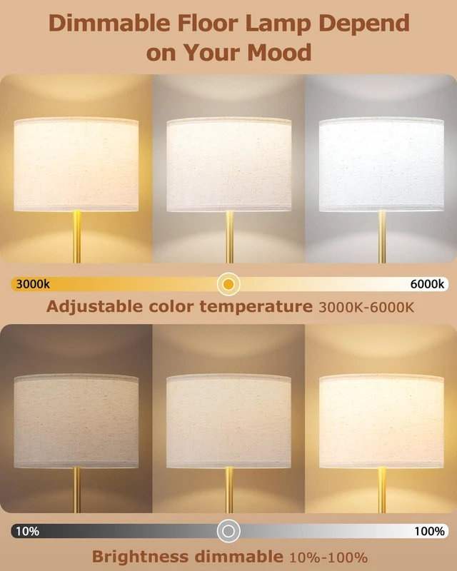 Alt view image 4 of 7 - Dimmable Floor Lamp for Living Room with Remote, 9W 900LM LED Bulb Included, Beige Shade Gold Pole