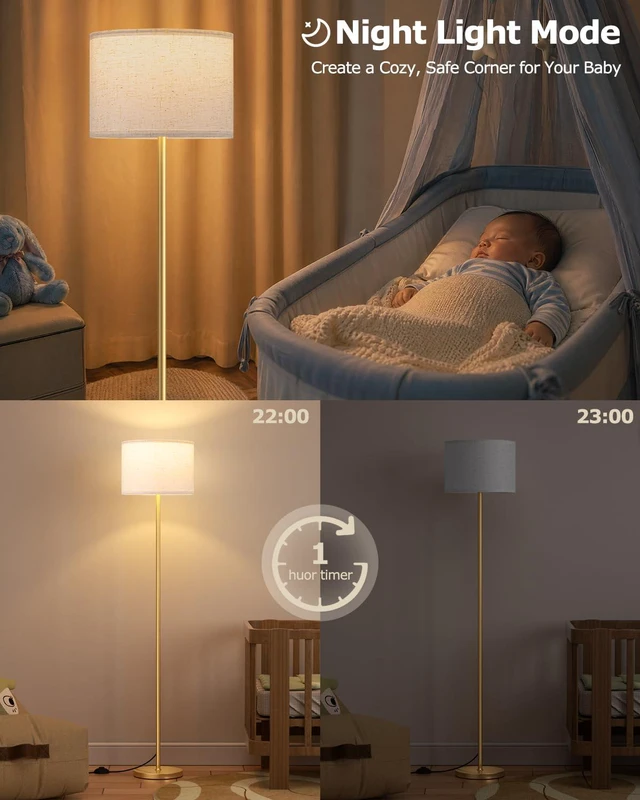 Alt view image 7 of 7 - Dimmable Floor Lamp for Living Room with Remote, 9W 900LM LED Bulb Included, Beige Shade Gold Pole