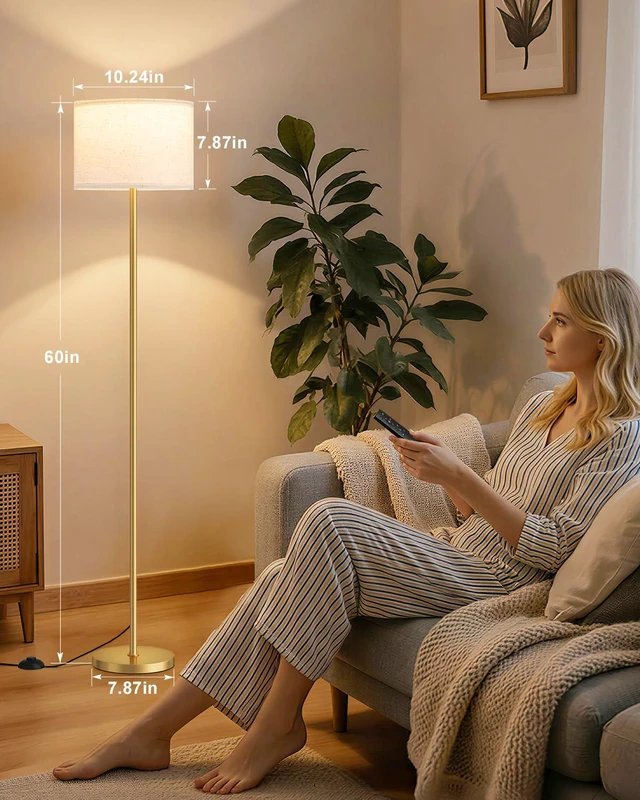 Alt view image 2 of 7 - Dimmable Floor Lamp for Living Room with Remote, 9W 900LM LED Bulb Included, Beige Shade Gold Pole