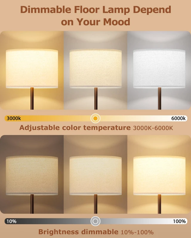 Alt view image 2 of 7 - Dimmable Floor Lamp for Living Room with Remote, 9W 900LM LED Bulb Included, Deep Beige Shade Brown Pole