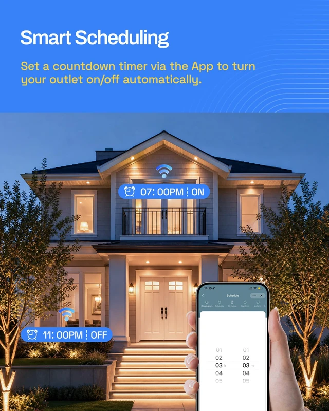 Alt view image 7 of 7 - Outdoor Smart WiFi Plug, Heavy Duty 1 Grounded Outlet Timer, 2 Pack IP44 Weatherproof Timer Outlet with App Wireless Remote Control, Works with Alexa & Google Assistant, 2.4GHz