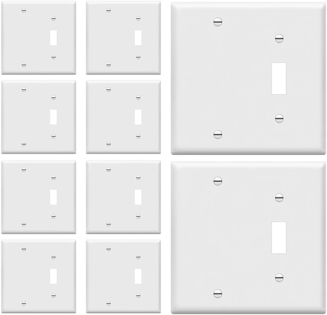 Main image of 2-Gang Toggle/Blank Combination Wall Plate, White 10-Pack, 4.5" x 4.57" with screws. Fits one toggle switch and safely covers an unused electrical outlet