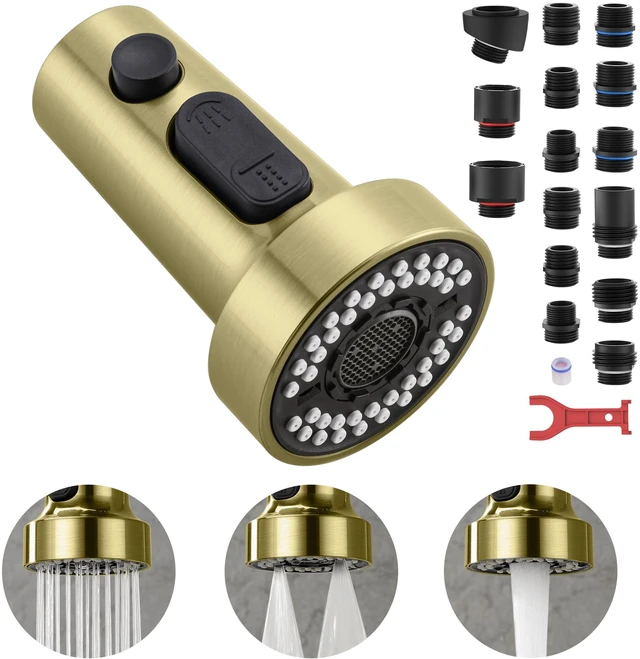 Main image of Kitchen Faucet Head with 15 Adapters, High Pressure 3 Functions Pull Down Kitchen Spray Head Replacement, Pull Out Kitchen Sink Sprayer Nozzle, Brushed Gold, ABS