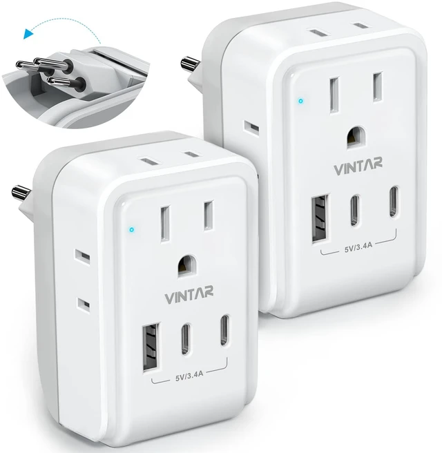 Main image of Brazil Power Adapter 2 Pack, Foldable US to Brazil Travel Adaptor 4 American Outlets with 3 USB Ports (2 USB C), 7-in-1 Type N Plug Adapter for US to Brazil Brazilian Brasil