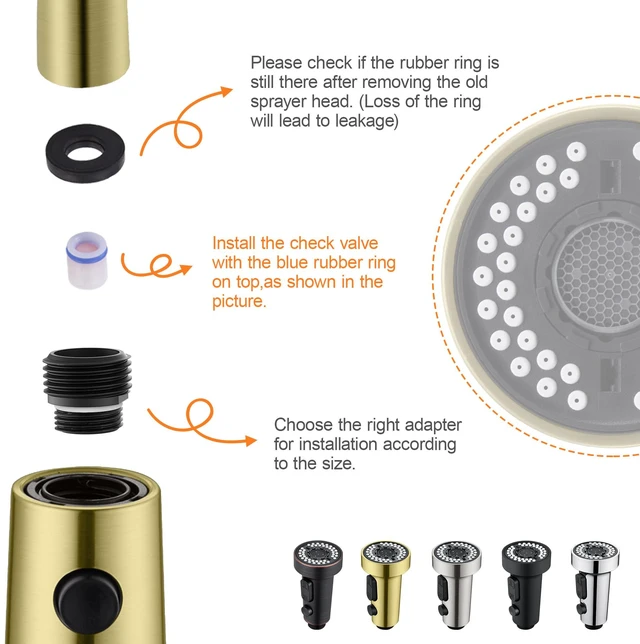 Alt view image 5 of 6 - Kitchen Faucet Head with 15 Adapters, High Pressure 3 Functions Pull Down Kitchen Spray Head Replacement, Pull Out Kitchen Sink Sprayer Nozzle, Brushed Gold, ABS