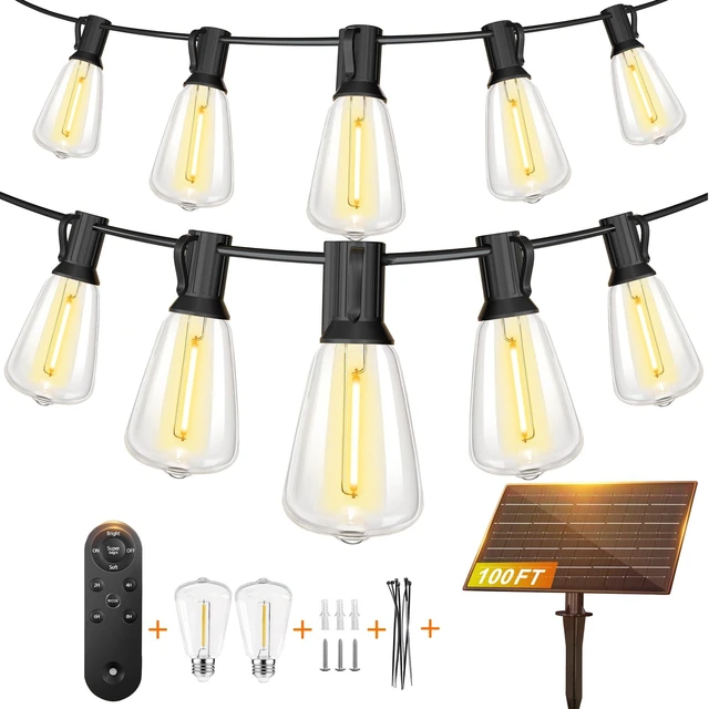 Main image of 100FT Solar String Lights, Outdoor with Remote 30+2 ST38 LED Waterproof Remote Control Solar Lights Porch Garden Market Bistro Patio Backyard Fence