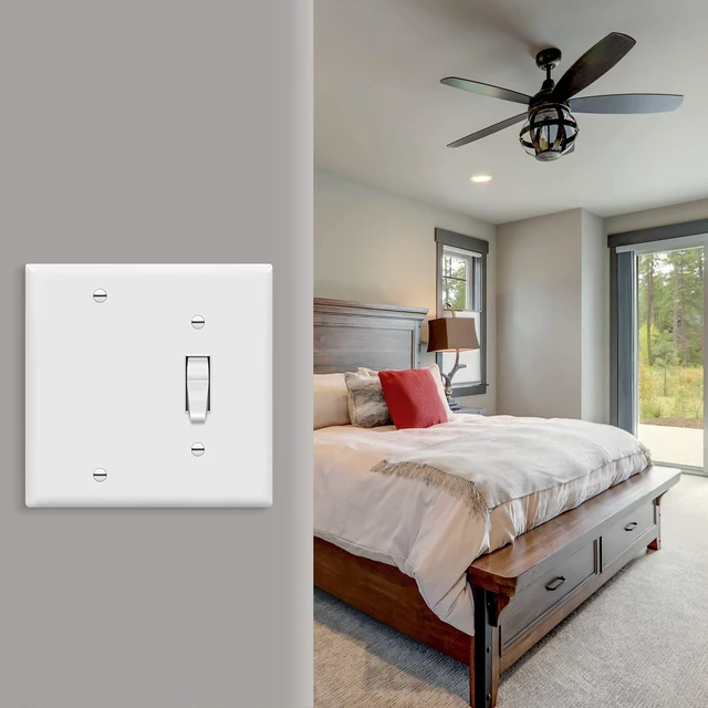 Alt view image 7 of 7 - 2-Gang Toggle/Blank Combination Wall Plate, White 10-Pack, 4.5" x 4.57" with screws. Fits one toggle switch and safely covers an unused electrical outlet