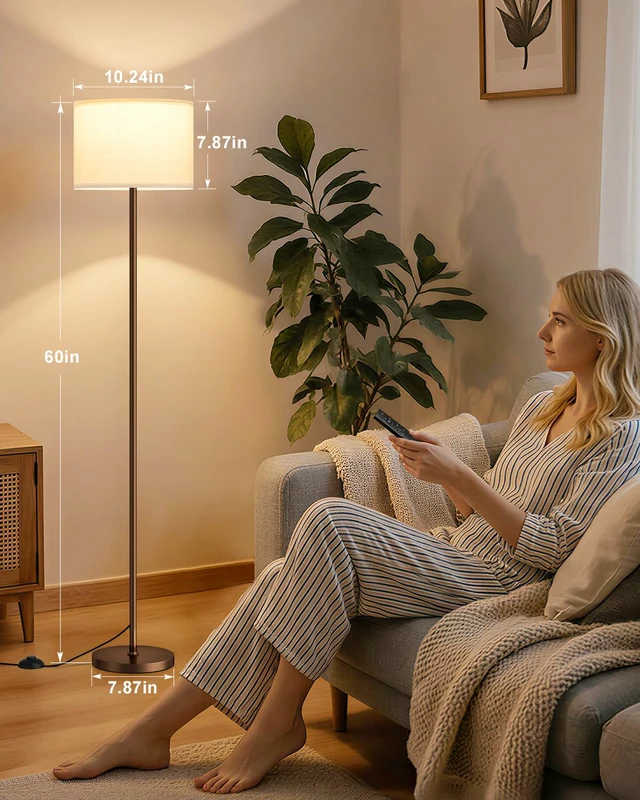Alt view image 3 of 7 - Dimmable Floor Lamp for Living Room with Remote, 9W 900LM LED Bulb Included, Deep Beige Shade Brown Pole