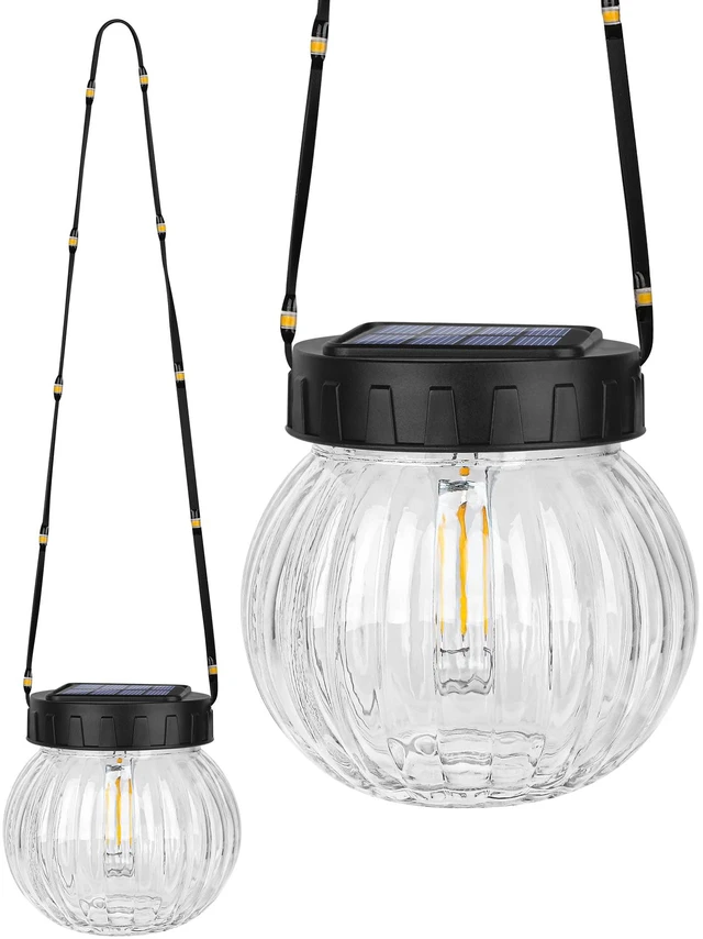 Alt view image 2 of 7 - Solar Lights Outdoor Waterproof 12-Pack, Solar Powered Hanging Lantern Ribbed Glass Hanging Globes for Yard Decor Christmas Decoration, Shepherd Hook, Garden Tree Ornaments, Clear