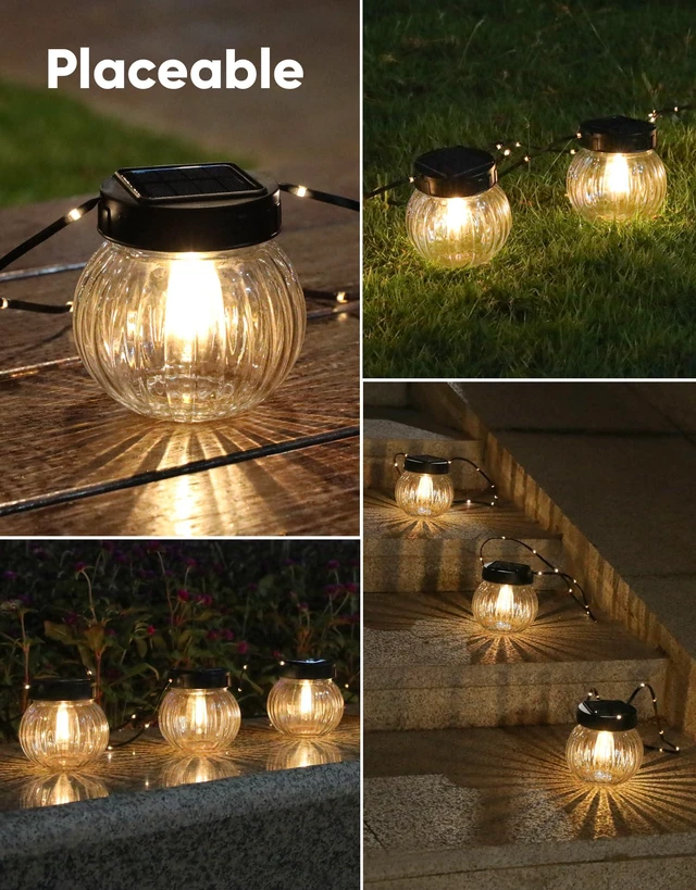 Alt view image 4 of 7 - Solar Lights Outdoor Waterproof 12-Pack, Solar Powered Hanging Lantern Ribbed Glass Hanging Globes for Yard Decor Christmas Decoration, Shepherd Hook, Garden Tree Ornaments, Clear