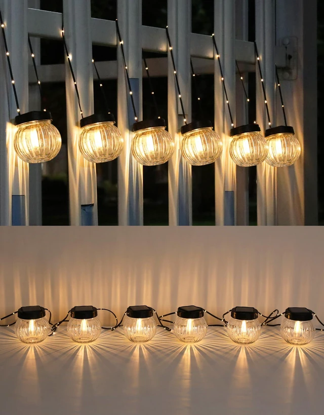 Main image of Solar Lights Outdoor Waterproof 12-Pack, Solar Powered Hanging Lantern Ribbed Glass Hanging Globes for Yard Decor Christmas Decoration, Shepherd Hook, Garden Tree Ornaments, Clear
