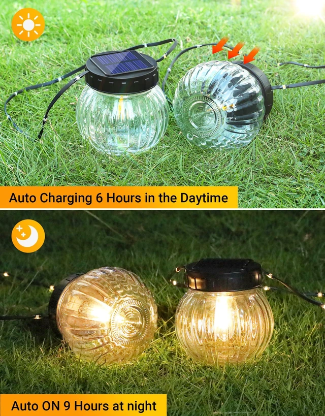 Alt view image 3 of 7 - Solar Lights Outdoor Waterproof 12-Pack, Solar Powered Hanging Lantern Ribbed Glass Hanging Globes for Yard Decor Christmas Decoration, Shepherd Hook, Garden Tree Ornaments, Clear
