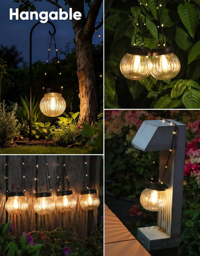 Alt view image 5 of 7 - Solar Lights Outdoor Waterproof 12-Pack, Solar Powered Hanging Lantern Ribbed Glass Hanging Globes for Yard Decor Christmas Decoration, Shepherd Hook, Garden Tree Ornaments, Clear