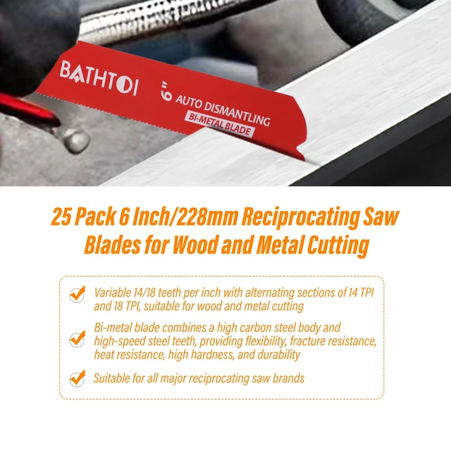 Alt view image 6 of 6 - 25 Pack 6 Inch 14/18 Tpi Reciprocating Saw Blades for Metal Cutting for Automobile Dismantling, Bi-Metal Sawzall Blades, Dual Tooth Design, with 8% Cobalt, Longer Life & Faster Cutting Speed