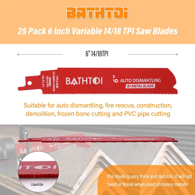 Alt view image 5 of 6 - 25 Pack 6 Inch 14/18 Tpi Reciprocating Saw Blades for Metal Cutting for Automobile Dismantling, Bi-Metal Sawzall Blades, Dual Tooth Design, with 8% Cobalt, Longer Life & Faster Cutting Speed