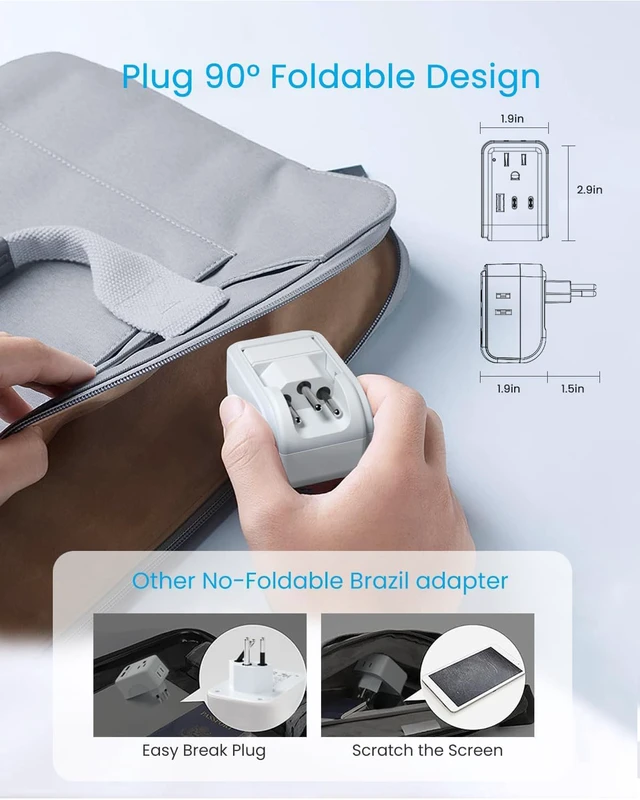 Alt view image 2 of 6 - Brazil Power Adapter 1 Pack, Foldable US to Brazil Travel Adaptor 4 American Outlets with 3 USB Ports (2 USB C), 7-in-1 Type N Plug Adapter for US to Brazil Brazilian Brasil