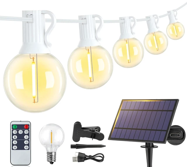 Main image of 25FT Solar String Lights with Remote, 3 Modes, 11 G40 Bulbs, White Solar Powered, Dusk to Dawn, Dimmable, Timer, Memory Function, LED Globe Hanging Lights for Garden Party Fence Decor