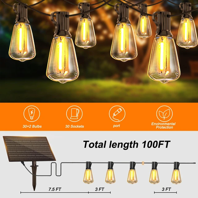 Alt view image 3 of 7 - 100FT Solar String Lights, Outdoor with Remote 30+2 ST38 LED Waterproof Remote Control Solar Lights Porch Garden Market Bistro Patio Backyard Fence