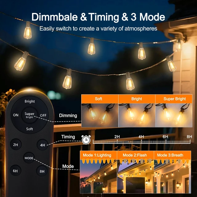 Alt view image 4 of 7 - 100FT Solar String Lights, Outdoor with Remote 30+2 ST38 LED Waterproof Remote Control Solar Lights Porch Garden Market Bistro Patio Backyard Fence