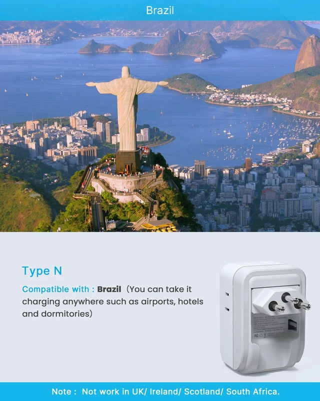 Alt view image 3 of 6 - Brazil Power Adapter 1 Pack, Foldable US to Brazil Travel Adaptor 4 American Outlets with 3 USB Ports (2 USB C), 7-in-1 Type N Plug Adapter for US to Brazil Brazilian Brasil