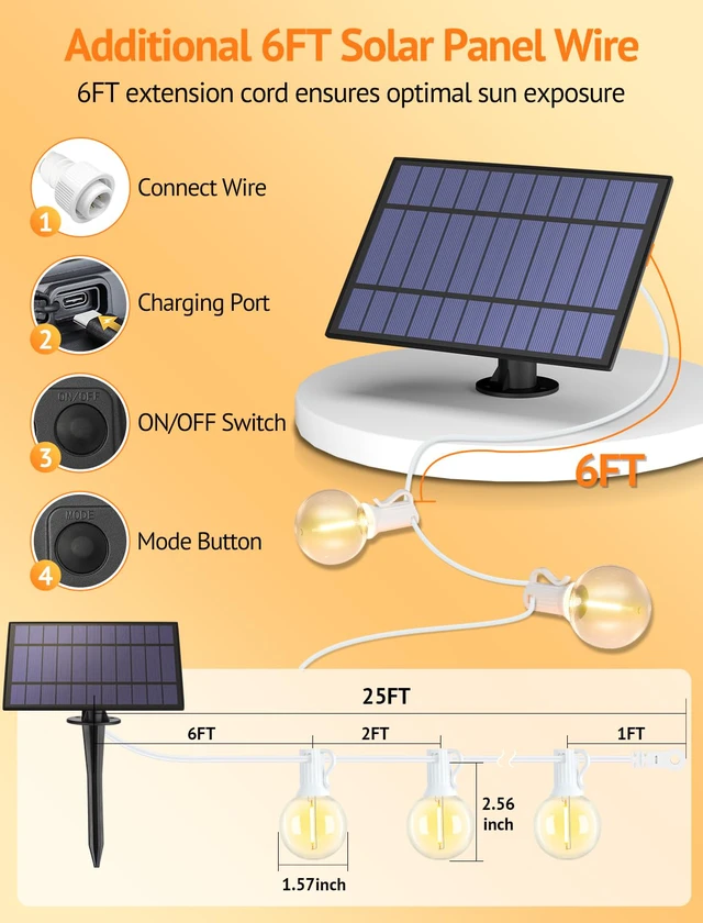 Alt view image 4 of 7 - 25FT Solar String Lights with Remote, 3 Modes, 11 G40 Bulbs, White Solar Powered, Dusk to Dawn, Dimmable, Timer, Memory Function, LED Globe Hanging Lights for Garden Party Fence Decor