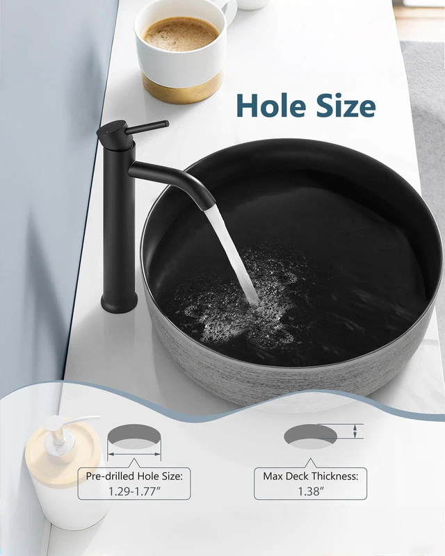 Alt view image 4 of 7 - Matte Black Vessel Sink Faucet Bathroom Faucet Tall Stainless Steel Bathroom Sink Faucet Single Handle One Hole Round Body with Pop up Drain Basin Bowl Vanity Lavatory Mixer Tap