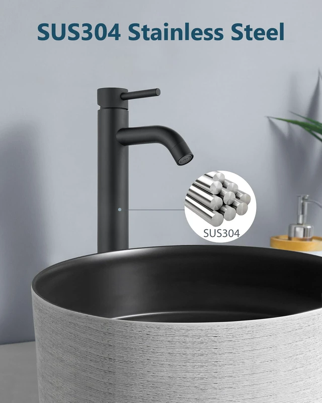 Alt view image 5 of 7 - Matte Black Vessel Sink Faucet Bathroom Faucet Tall Stainless Steel Bathroom Sink Faucet Single Handle One Hole Round Body with Pop up Drain Basin Bowl Vanity Lavatory Mixer Tap