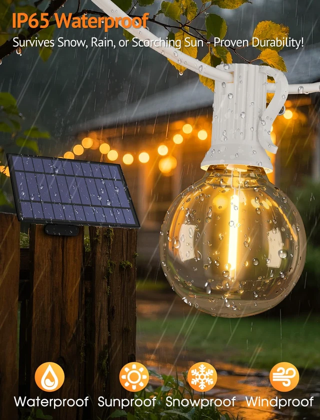 Alt view image 3 of 7 - 25FT Solar String Lights with Remote, 3 Modes, 11 G40 Bulbs, White Solar Powered, Dusk to Dawn, Dimmable, Timer, Memory Function, LED Globe Hanging Lights for Garden Party Fence Decor