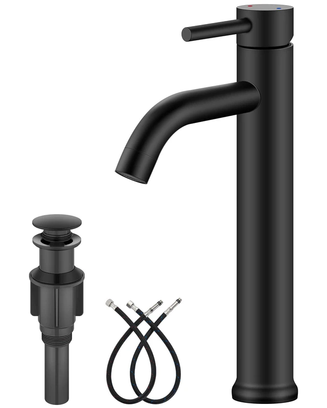 Main image of Matte Black Vessel Sink Faucet Bathroom Faucet Tall Stainless Steel Bathroom Sink Faucet Single Handle One Hole Round Body with Pop up Drain Basin Bowl Vanity Lavatory Mixer Tap