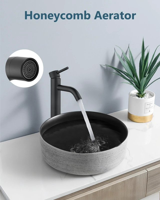 Alt view image 2 of 7 - Matte Black Vessel Sink Faucet Bathroom Faucet Tall Stainless Steel Bathroom Sink Faucet Single Handle One Hole Round Body with Pop up Drain Basin Bowl Vanity Lavatory Mixer Tap